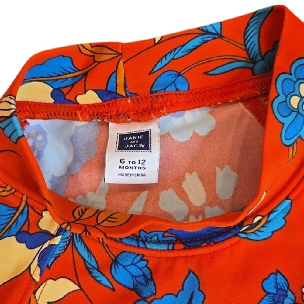 Janie & Jack Girl Swim Top Baby Infant Rash Guard Short Sleeve Floral Red 6-12Mo